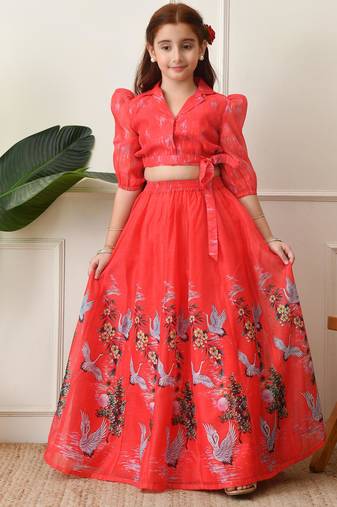 Girls coral red swan printed crop top and skirt set