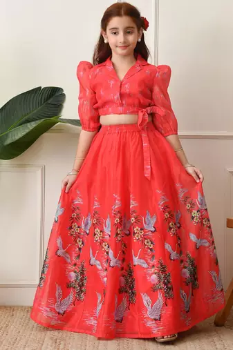 Girls coral red swan printed crop top and skirt set