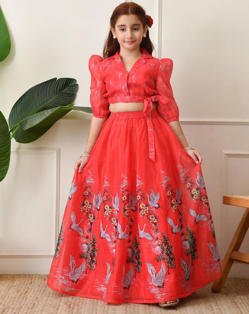 Girls coral red swan printed crop top and skirt set
