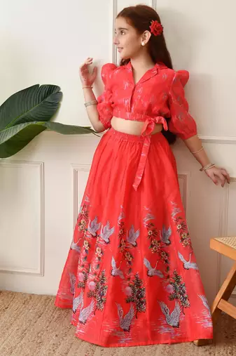 Girls coral red swan printed crop top and skirt set