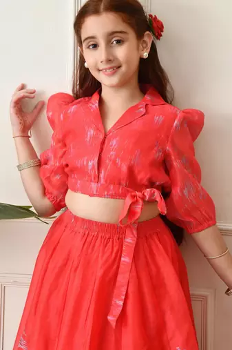 Girls coral red swan printed crop top and skirt set
