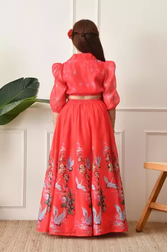 Girls coral red swan printed crop top and skirt set