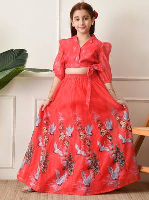 Girls coral red swan printed crop top and skirt set 5