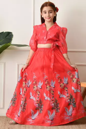 Girls coral red swan printed crop top and skirt set