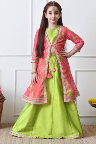 Girls    lime green lehenga with coral pink floral jacket set