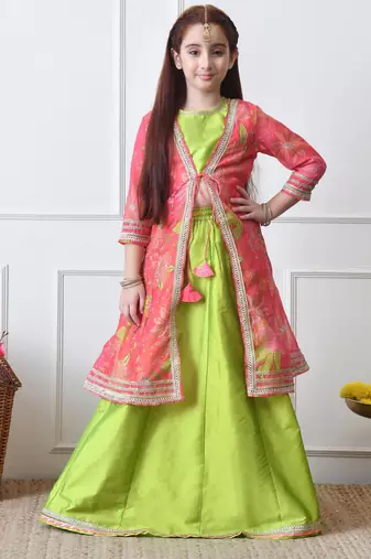 Girls’ lime green lehenga with coral pink floral jacket set