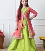 Girls    lime green lehenga with coral pink floral jacket set