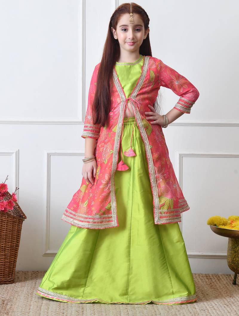 Girls    lime green lehenga with coral pink floral jacket set