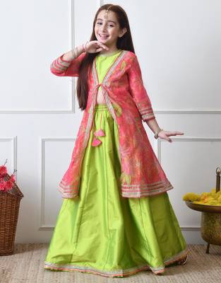 Girls  lime green lehenga with coral pink floral jacket set 2
