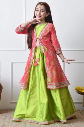 Girls  lime green lehenga with coral pink floral jacket set