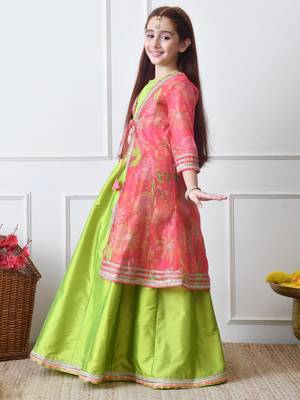 Girls  lime green lehenga with coral pink floral jacket set 3