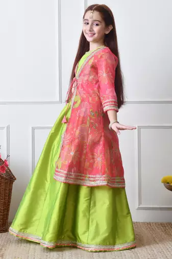 Girls  lime green lehenga with coral pink floral jacket set
