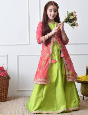 Girls  lime green lehenga with coral pink floral jacket set 4
