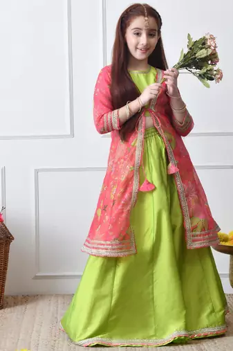 Girls  lime green lehenga with coral pink floral jacket set