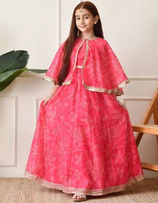 Girls    pink printed lehenga with matching cape and crop top set 1