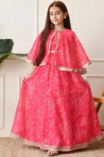 Girls’ pink printed lehenga with matching cape and crop top set