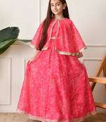 Girls    pink printed lehenga with matching cape and crop top set