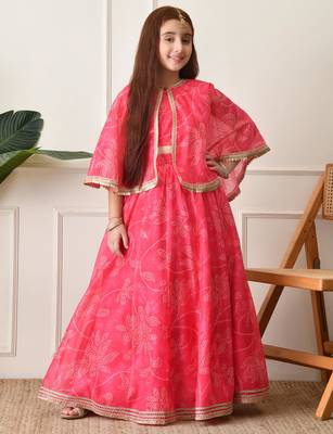 Girls    pink printed lehenga with matching cape and crop top set 2