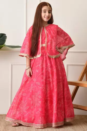 Girls    pink printed lehenga with matching cape and crop top set