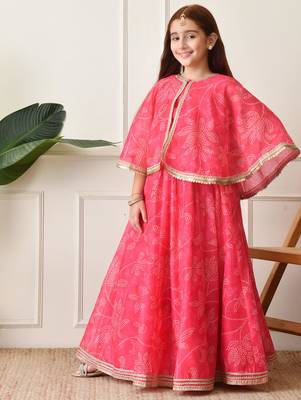 Girls    pink printed lehenga with matching cape and crop top set 3