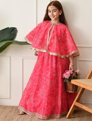 Girls    pink printed lehenga with matching cape and crop top set 4