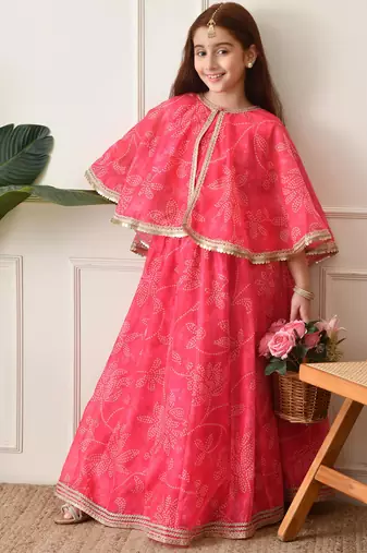 Girls    pink printed lehenga with matching cape and crop top set