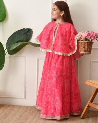 Girls    pink printed lehenga with matching cape and crop top set 5