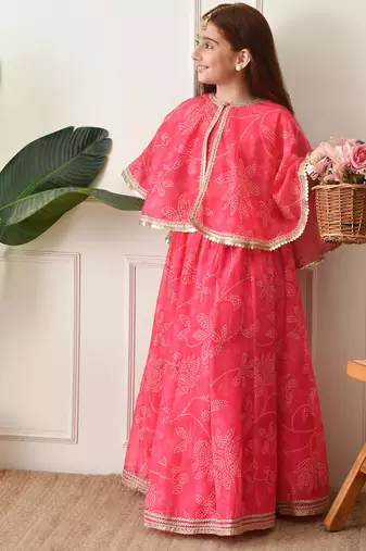 Girls    pink printed lehenga with matching cape and crop top set