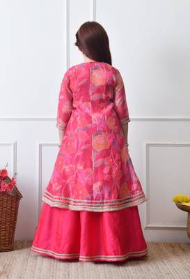 Girls festive pink lehenga choli with printed jacket set 2