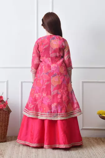 Girls festive pink lehenga choli with printed jacket set