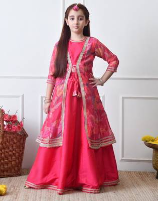 Girls festive pink lehenga choli with printed jacket set 3