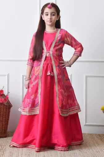 Girls festive pink lehenga choli with printed jacket set