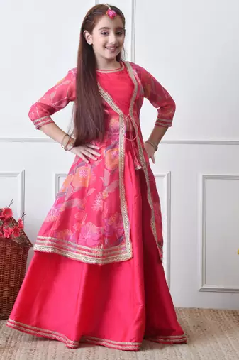 Girls festive pink lehenga choli with printed jacket set