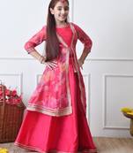 Girls festive pink lehenga choli with printed jacket set