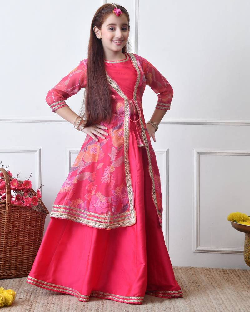 Girls festive pink lehenga choli with printed jacket set