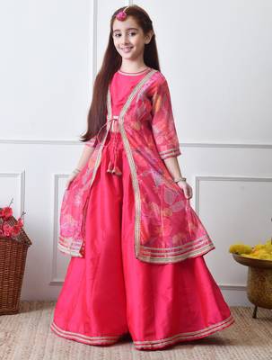 Girls festive pink lehenga choli with printed jacket set 4