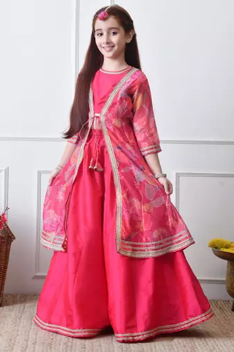 Girls festive pink lehenga choli with printed jacket set