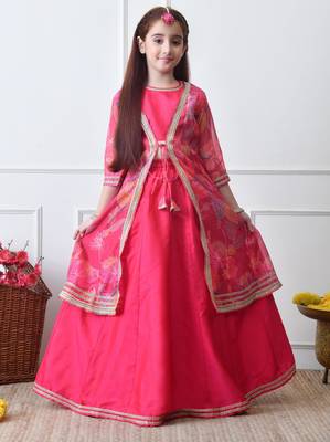 Girls festive pink lehenga choli with printed jacket set 5