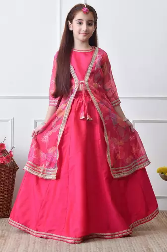 Girls festive pink lehenga choli with printed jacket set