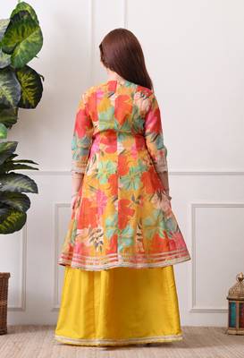 Girls mustard yellow lehenga choli set with multicolor floral  jacket 2