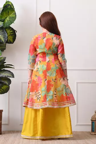 Girls mustard yellow lehenga choli set with multicolor floral  jacket