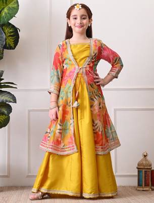 Girls mustard yellow lehenga choli set with multicolor floral  jacket 3