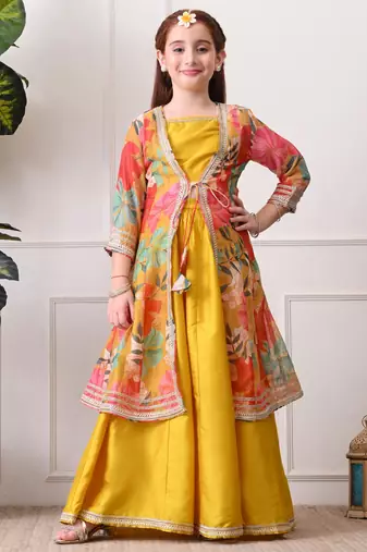 Girls mustard yellow lehenga choli set with multicolor floral  jacket