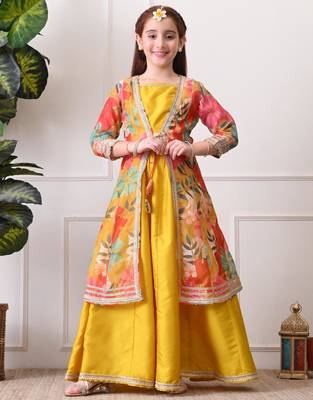Girls mustard yellow lehenga choli set with multicolor floral  jacket 4
