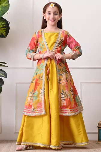 Girls mustard yellow lehenga choli set with multicolor floral  jacket