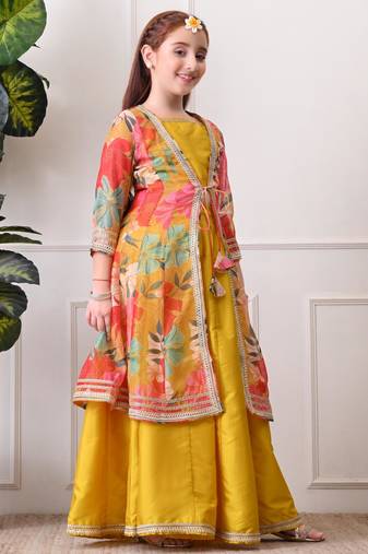 Girls mustard yellow lehenga choli set with multicolor floral  jacket