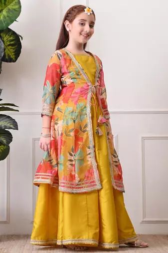 Girls mustard yellow lehenga choli set with multicolor floral  jacket
