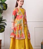 Girls mustard yellow lehenga choli set with multicolor floral  jacket