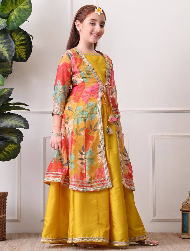 Girls mustard yellow lehenga choli set with multicolor floral  jacket