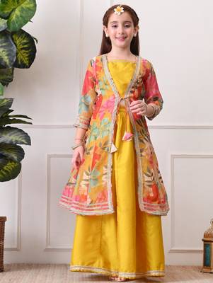 Girls mustard yellow lehenga choli set with multicolor floral  jacket 5
